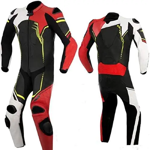 Men's Fashion Motorbike Real Leather One Piece Suit with Armor Protection Black,XS-5XL