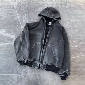 <b>Top</b> Quality Custom Acid Washed Oversized <b>Distressed</b> Sweatshirt Drawstring Hoodie Hooded Zip up Denim Sun Faded Jacket Hoodie - Product Image 3