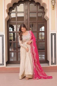 Vestido de Anarkali étnico indio, Material tejido Jecquard con bordado de cuentas de perlas, traje de fiesta y Festival de boda - Product Image 4