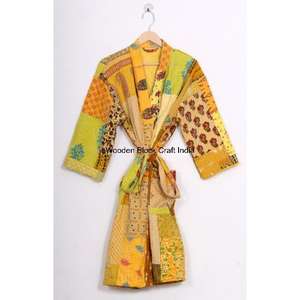 Chaqueta Kantha Hecha a Mano 100% Algodón Orgánico para Mujer, Estilo Vintage, Moda Festiva, Acolchada, Kimono Corto, Otoño Invierno, con Cinturón - Product Image 5