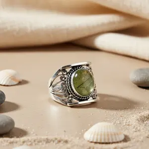 Women's Vintage Statement Jewelry 925 Silver <b>Green</b> Stone <b>Ring</b> with Princess Cut 18K Gold & Rhodium Plating Trendy Inlay Setting - Product Image 2