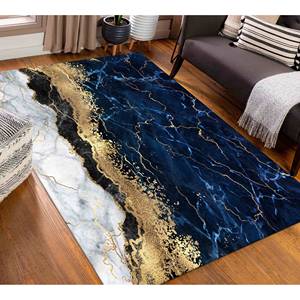Alfombra Azul Marino con Diseño de Mármol: Alfombra con Detalles Dorados Impresos en 3D, Alfombra Suave No Tejida - Product Image 5