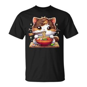 T-Shirt Gatto Kawaii che Mangia Ramen, Maglietta Promozionale per Amanti degli Noodles Giapponesi - Product Image 1