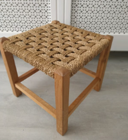 Pouf en bois éco-responsable fait main, repose-pieds tressé, console avec incrustations en os, multifonctionnel, empilable et portable pour salon