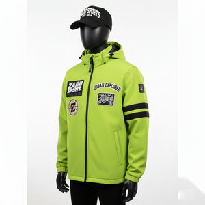 Veste softshell pour homme en tissu coupe-vent premium 320 GSM, couleur vert lime avec panneaux de manches noirs, logo brodé personnalisé - Product Image 2