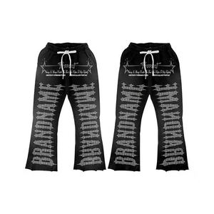 Sudaderas con capucha y pantalones de chándal acampanados de dos piezas para hombre con diamantes de imitación y lavado ácido con logotipo personalizado de talla grande para hombre - Product Image 6