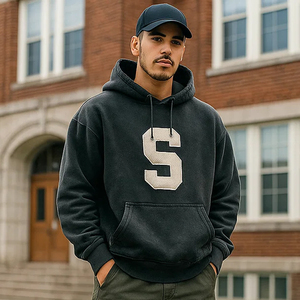 <b>Men</b> Pullover OEM Retro Hip Hop Streetwear Vintage Oversized Heavyweight Custom Applique Patch <b>Hoodie</b> - Product Image 6