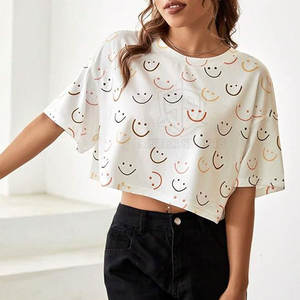 Camisetas cortas de algodón de verano personalizadas para mujer, talla suelta, Color sólido, liso, estilo informal, tela de lona comprimida - Product Image 2