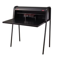Bureau de travail moderne Stork en laque noire avec compartiment coulissant, plateau en bois, pieds en métal, bureau de bureau élégant et écologique