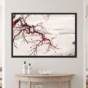 Tableau sur toile avec branche de cerisier : décoration zen imprimée, 1P : encadré noir - Product Image 1