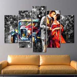 Impresión en lienzo de pareja besándose románticamente, ilustración de coche vintage, decoración elegante para pared, mezcla de 5 piezas: lienzo enrollado para galería - Product Image 1