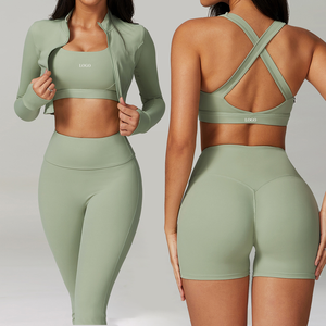 Ensemble de sport cinq pièces uni pour femme : soutien-gorge de sport, veste à manches longues, short taille mi-haute – Idéal pour la gym, le yoga et le fitness - Product Image 1