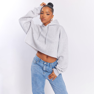 Nueva Llegada Sudadera Corta de Algodón de Alta Calidad para Invierno con Dobladillo sin Rematar, Lavado Ácido Gris, Diseño Sólido con Bolsillos y Logotipo Frontal - Product Image 1