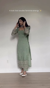 Traje de Trabajo de Verano de Manga Larga con Cintura Natural y Corte en A Vintage, Bordado a Máquina en Georgette Pesada - Product Image 4