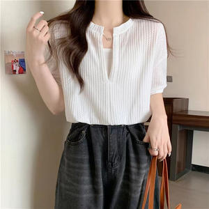 Oem Customized logo Design New Trendy <b>Women's</b> Faux Two Piece V Neck Loose Top Waffle Short Sleeved <b>White</b> <b>T</b> <b>Shirt</b> - Product Image 3