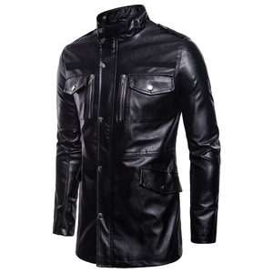 Printemps et automne Nouveau manteau long en cuir pour hommes Col noir Veste en cuir de moto à fermeture éclair à quatre poches Veste longue pour hommes. - Product Image 2