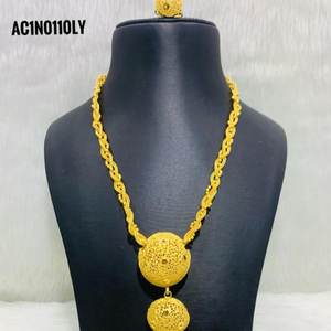 Luxury 24K Gold Plated Round Filigree Pendant <b>Necklace</b> Set for Women Dubai Style Jewelry Set with Earrings & <b>Ring</b> - Product Image 5