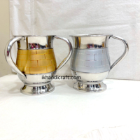Copa de Lavado Judía de Acero Inoxidable 304 con Doble Asa, Colección Diva, Personalizada, Hecha a Mano, Pulida, con Diseño Geométrico, Superventas