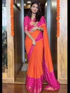Sari de Seda Mysore Bicolor Naranja y Rosa, Largo hasta el Suelo, con Borde de Zari, Secado Rápido, Tradicional Indio, para Fiestas, para Mujer - Product Image 2