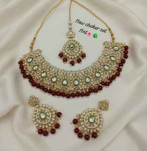 Ethnic Kundan Gold-Plated Bridal <b>Choker</b> Necklace Set Green Enamel Zircon Beads Wedding Engagement/Party Fashion Jewelry Earrings - Product Image 1