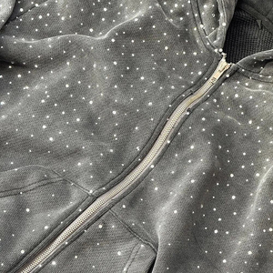 Sweats à capuche zippés lourds personnalisés 100% coton éponge française en détresse lavé à l'acide hommes strass sweats à capuche zippés pour hommes - Product Image 6