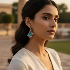 Boucles d'oreilles clous en argent sterling 925 avec marcassite et turquoise pour femmes, cadeau mignon pour mariage, fiançailles, anniversaire avec diamant, rubis, perle - Product Image 3