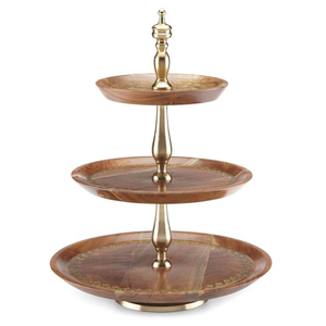Bandeja de pastel de madera de 3 niveles de diseño elegante con soporte de Metal, venta al por mayor, mesa de cocina para el hogar, soporte y soporte para postres de pastel a la venta - Product Image 1