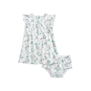 Set di 2 vestiti con volant tropicali bianchi e verdi per bambina, 100% cotone, taglia 9M - Product Image 1