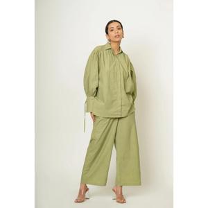 Ensemble coordonné pour femme en coton vert olive, style gothique, à motifs floraux paisley, chemise longue et pantalon large, décontracté, surdimensionné, deux pièces - Product Image 1