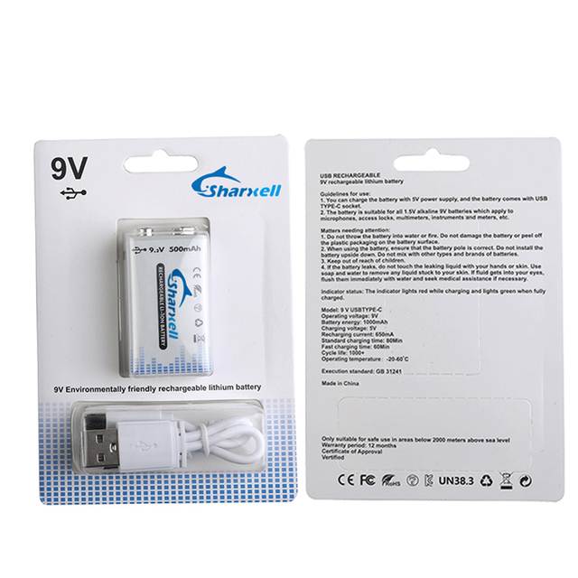 9v Lithium Usb Type C Battery Usb Battery Rechargeable 1000mwh Rechargeable Li-ion Battery
