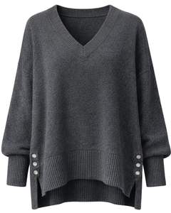 Customized Charcoal Grey <b>Womens</b> <b>Oversized</b> Knit Sweater V Neck Button Side Slit Soft Winter Pullover Casual Loose Fit Top - Product Image 1