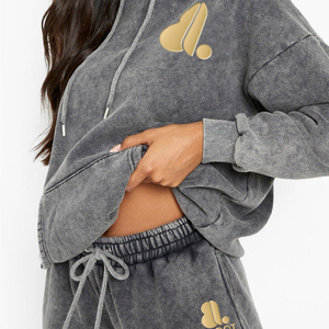 High Quality Winter Heavyweight Cotton Made Embossed <b>Acid</b> Wash Tracksuit for Ladies Casual Oversized Streetwear <b>Drop</b> Shoulder - Product Image 5