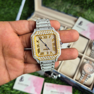 Montre automatique Moissanite VVS entièrement pavée, boîtier carré en or et argent bicolore, montre de luxe à cadran romain pour homme - Product Image 2