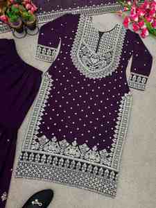 DESIGNER GEORGETTE EMBROIDERY SEQUENCE WORK TOP SHARARA WITH DUPATTA <b>PURPLE</b> - Product Image 2