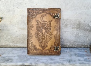 Hibou en relief noir pierre oeil A3 Journal fait à la main en cuir carnet de croquis pont bord spirale papier cahier fil selle couture - Product Image 2