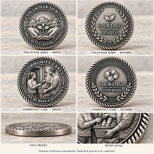 Pièces commémoratives personnalisées pour les bénévoles et les services communautaires, finition argent antique, double face, cadeaux caritatifs OEM ODM - Product Image 2