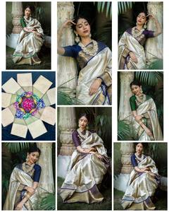 Saree en soie Jacquard lourd de haute qualité violet bleu ciel bordure doré grand Jacquard tissage Bollywood pour la fête pour l'été hiver - Product Image 3