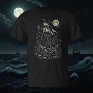 เสื้อยืดลายเรือโจรสลัดวินเทจที่ถูกโจมตีโดยสัตว์ประหลาดทะเลคราเคน เสื้อผ้าส่งเสริมการขายธีมเรโทร - Product Image 3