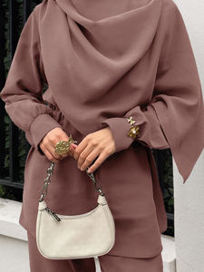 Conjunto de 2 Piezas para Mujer, Color Sólido, Casual, Antiarrugas, Minimalista, Diseño Asimétrico con Tela Drapeada, Top Marrón a Media Pantorrilla + Pantalones - Product Image 3