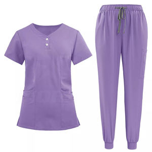 Cómodos juegos de fregado de hospital con tela de sarga duradera Enfermera Trabajo médico Juego de fregado de higo con manga corta Conjunto de fregado de mujer Top - Product Image 5