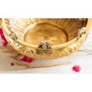 Pure Brass Traditional Design Urli with <b>Elephant</b> Statue Embossed for Diwali Occasions - Product Image 5