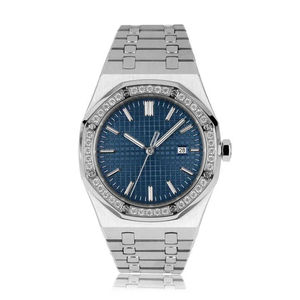 Nouveautés Montre pour homme en acier inoxydable avec cadran noir, diamant moissanite D VVS, date automatique personnalisée, lunette ronde - Product Image 1