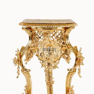 Mesa Auxiliar Redonda Pequeña de Lujo con Tapa de Mármol y Base de Pedestal Tallada a Mano con Hojas Doradas Ornamentales para Decoración de Esquinas de Palacios Reales - Product Image 2