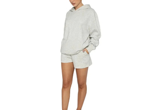 High Quality 2 Piece Long <b>Sleeve</b> <b>Short</b> Pant Set Solid Color Pullover Hooded <b>Sweatshirt</b> Women's Fashion Casual <b>Shorts</b> Set - Product Image 2