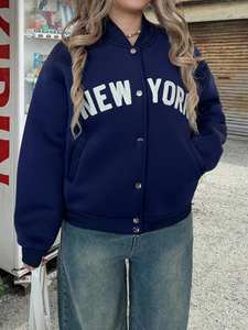 Veste universitaire décontractée d'hiver pour femmes, style sportif, broderie de lettres, logo New York, col montant teinté, devant ample - Product Image 2
