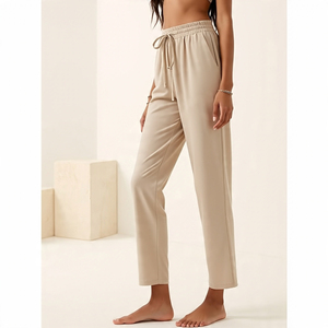 <b>Women's</b> High Drawstring Waist Sportswear <b>Summer</b> Jogging <b>Trouser</b> 100% Polyester Flat Front Style for Winter - Product Image 4