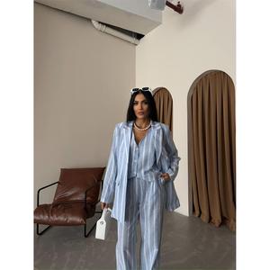 Conjunto de Traje Azul de Lino a Rayas para Mujer, Chaleco y Pantalones - Product Image 5