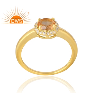 Anillo de Plata de Ley 925 chapado en oro de 18 quilates, citrino natural y piedras preciosas de circonita cúbica, fabricante de joyería fina - Product Image 1