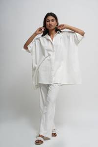 Conjunto de algodón natural blanco, blusa abotonada con pantalones, ropa de mujer, camisa abotonada de gran tamaño y pantalón, atuendo suelto para mujer - Product Image 2