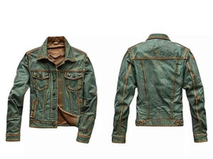 Adjustable Price Green Distressed Green Men Leather <b>Denim</b> <b>Jackets</b> Professional Manufacture Best Quality Leather <b>Jackets</b> - Product Image 5
